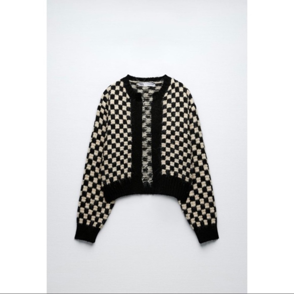 Zara Cropped Knit Black & White Checkered Cardigan Sweater